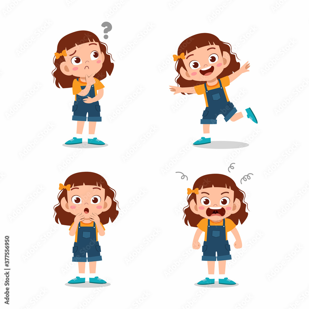 cute little kid girl pose with various expression set