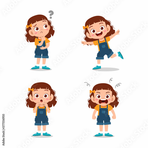 cute little kid girl pose with various expression set