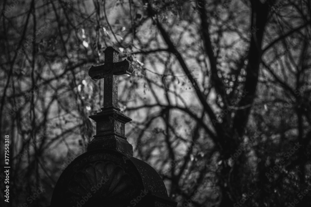 Vintage, retro photo of a cross on an old headstone in the Old Southern Cemetery (Alter Südfriedhof) of Munich. Grainy, noisy, artistic monochrome image. Halloween, all saints concept