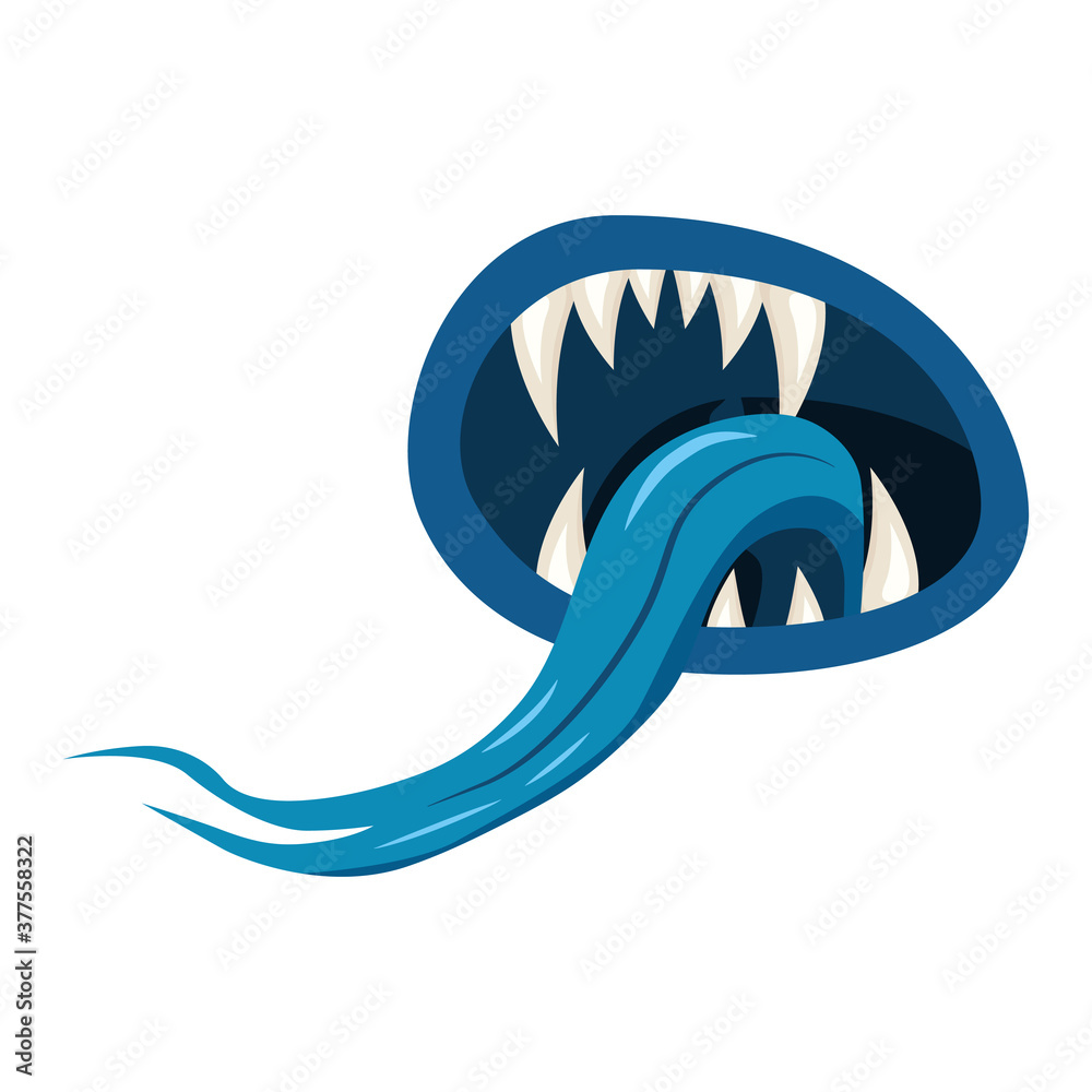 Naklejka premium Monster mouth creepy and scary. Funny jaws teeths tongue creatures expression monster horror