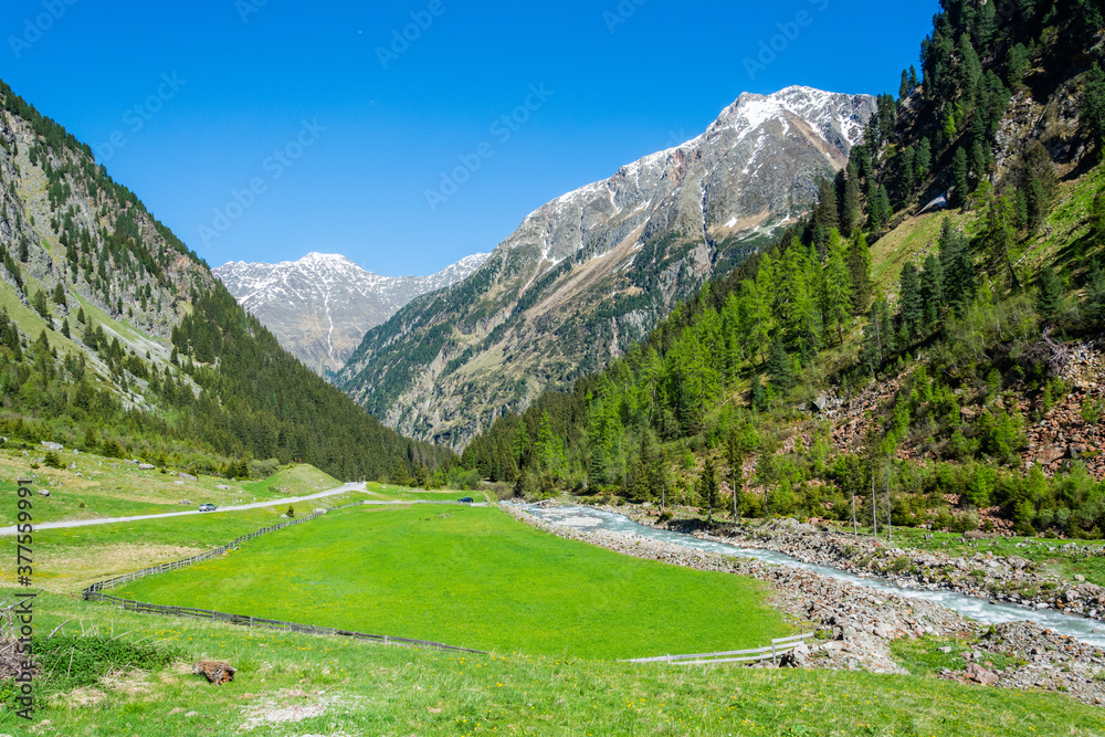 Mountainous landscape in Stubaital valley in Tyrol, Austria
