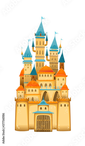 Cute cartoon castle. FairyTale cartoon castle. Fantasy fairy tale palace with rainbow. Vector
