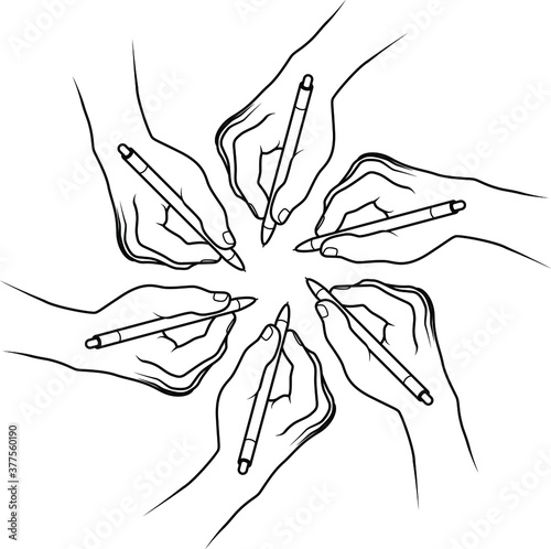 A circle of hands holding pens. Collaborative creativity / art concept. Line art.