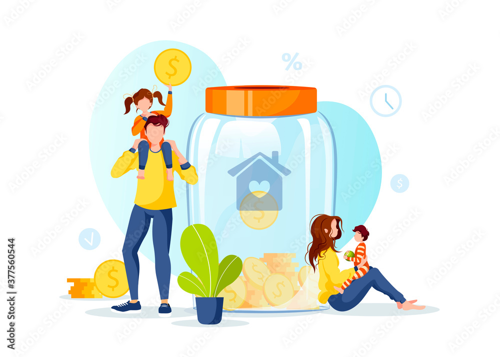 Large piggy bank in the form of a jar with coins inside and young family. Money saving or accumulating, Financial services, Home deposit concept. Isolated vector illustration. Large piggy bank in the form of a jar with coins inside and young family. Money saving or accumulating, Financial services, Home deposit concept. Isolated vector illustration.