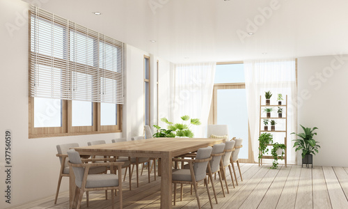 Dining area in modern contemporary style interior design with wooden window frame and sheer with grey furniture tone 3d rendering