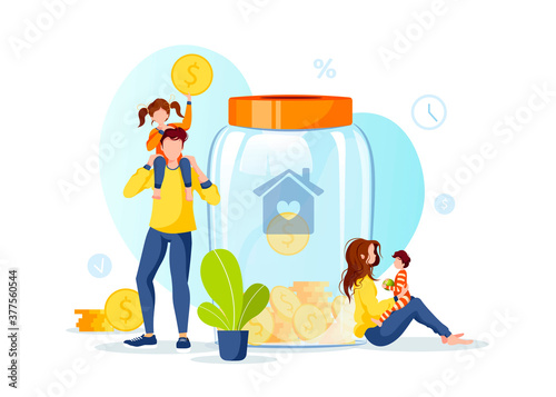 Large piggy bank in the form of a jar with coins inside and young family. Money saving or accumulating, Financial services, Home deposit concept. Isolated vector illustration. © TatyanaYagudina
