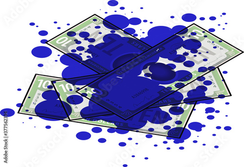 Bank notes stained with purple dye from an anti-theft dye bomb.