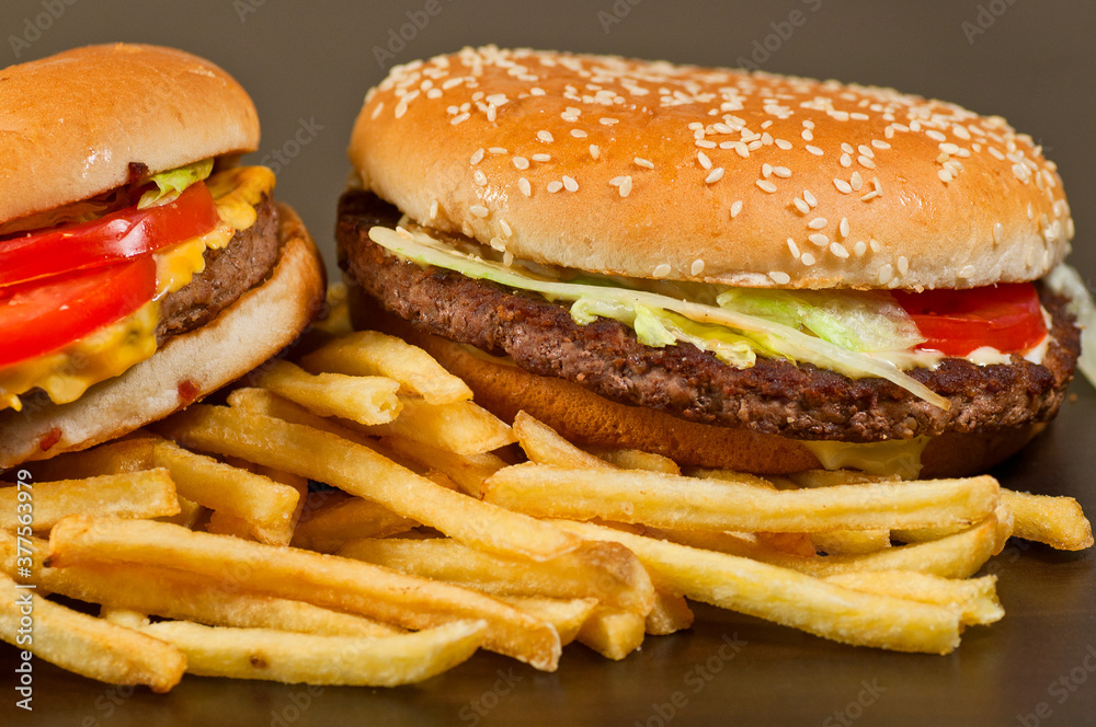 fast food set big hamburger and french fries