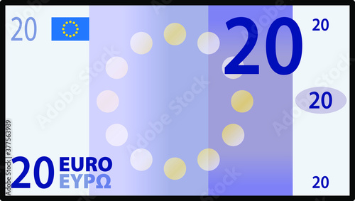 A stylized iconic colourful 20 Euro bank note / paper money. Europe EUR.