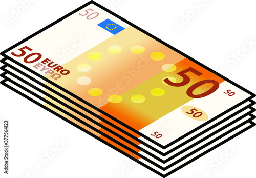 A bundle of stylized iconic colourful 50 Euro bank notes / paper money. Europe EUR.