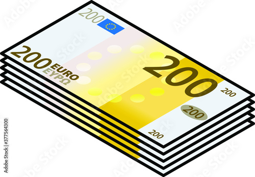 A bundle of stylized iconic colourful 200 Euro bank notes / paper money. Europe EUR.