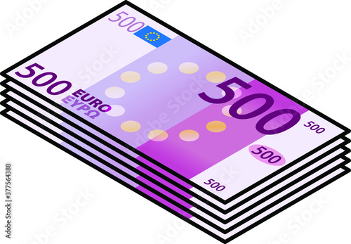 A bundle of stylized iconic colourful 500 Euro bank notes / paper money. Europe EUR.