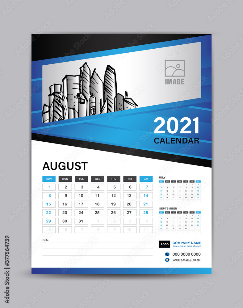 Wall calendar template for 2021 year. August month layout. Desk ...