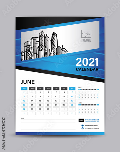 Wall calendar template for 2021 year. June month layout. Desk calendar template with illustration of buildings, Planner, Can place pictures and other images instead. Blue abstract background