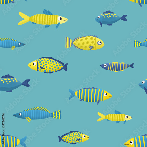 Colorful fishes seamless patter with blue background