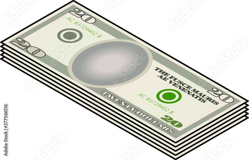 A bundle of stylized iconic $20 USD bank notes / paper money. USA USD.