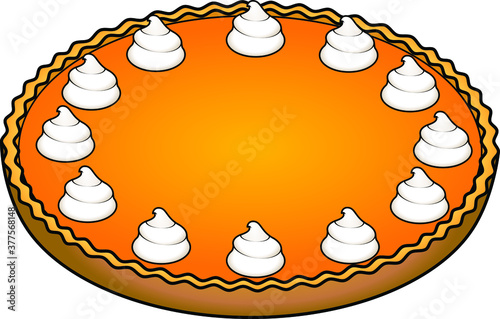 A large pumpkin pie with piped cream rosettes..