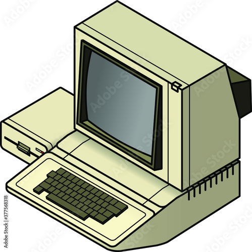 An old vintage/retro obsolete computer with a CRT monitor and a single disk drive.