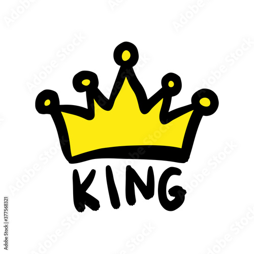 Crown and text king icon. Colored contour silhouette. Cartoon sketch drawing. Vector flat graphic hand drawn illustration. The isolated object on a white background. Isolate.