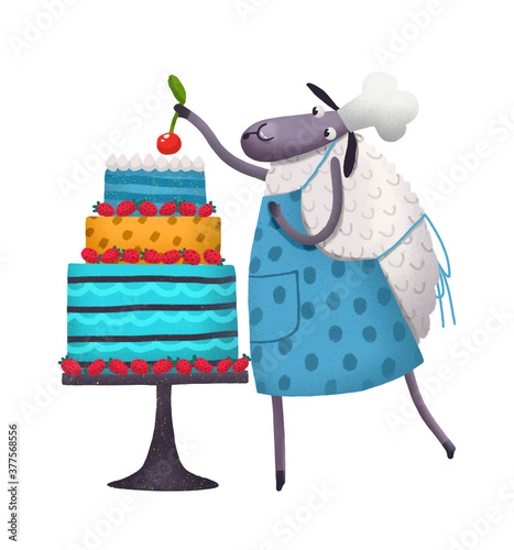Sheep with a big cake illustration isolated on white
