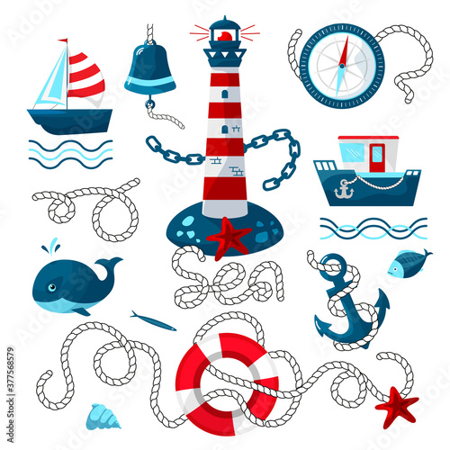 Set on a marine theme in a cartoon style. Lighthouse, anchor, lifebuoy, boats , and more. Vector image isolated on a white background.