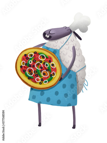 Sheep with pizza illustration isolated on white