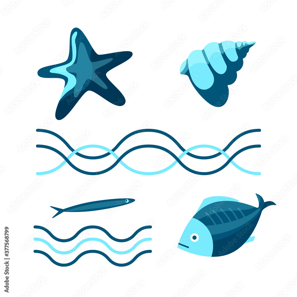 Obraz premium Sea kit: waves, seashell, fish and starfish. In blue color, in the style of the cartoon. Vector images isolated on a white background.