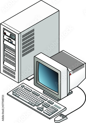 An old vintage/retro obsolete tower-style computer with an internal disk drive, hard drive, CD-ROM drive, a CRT monitor on a tilt-and-swivel stand, external professional keyboard and mouse.