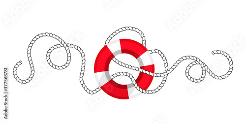 Nautical life preserver and marine rope, twisted loops. Horizontal border in cartoon style. Vector image isolated on a white background.