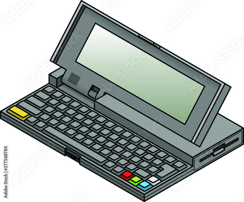 An old vintage/retro obsolete slab style portable computer with a fold-up LCD screen.