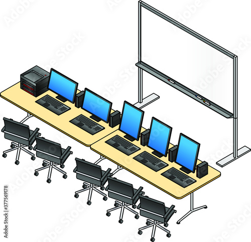 A room set up for training / professional development. With computers, a printer, and a whiteboard.