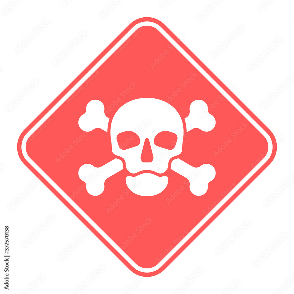 Human skull in full face and crossbones. Isolated illustration in flat styleon a red warning square. Poison sign and symbol for design. An image of danger to humans. Icon of hazard to life Human skull in full face and crossbones. Isolated illustration in flat styleon a red warning square. Poison sign and symbol for design. An image of danger to humans. Icon of hazard to life