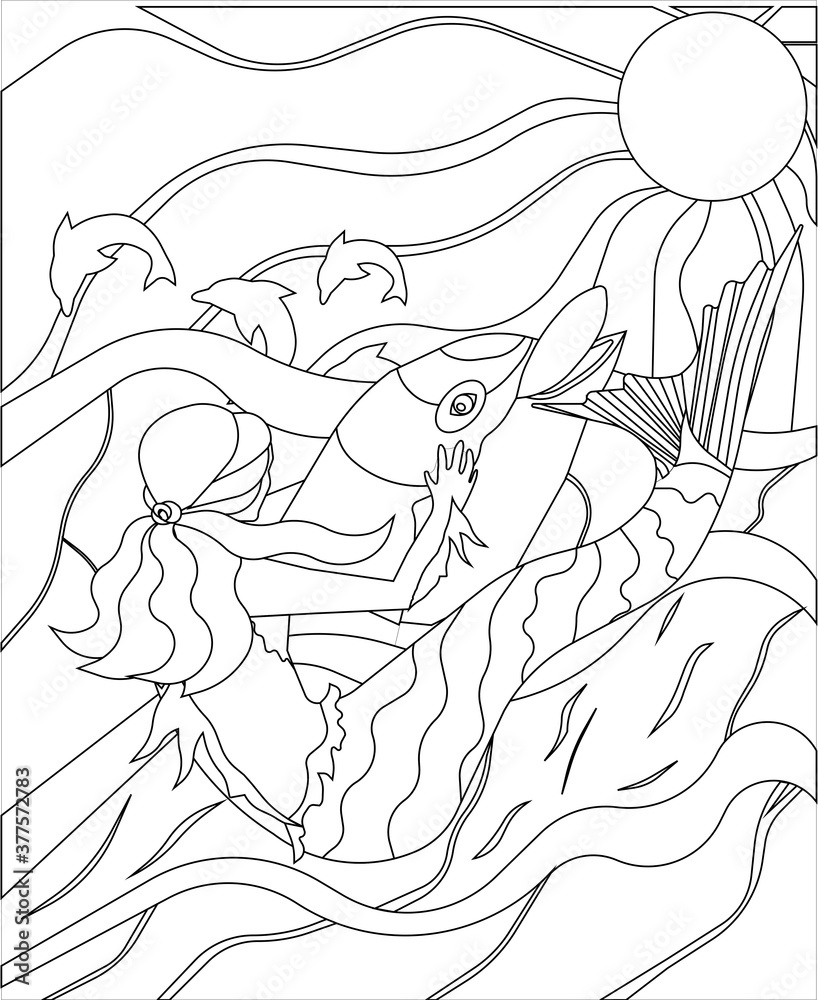 Beautiful mermaid playing with a dolphin, coloring page, black contour on white isolated background, vector illustration for Anti-stress coloring activity, concept of Fairytale, Underwater World.
