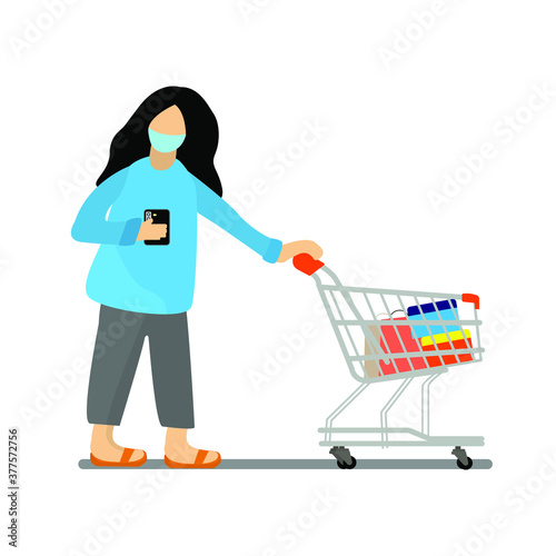 corona virus girl wearing face mask. shopping vector flat design female. art work store woman cartoon market illustration white background
