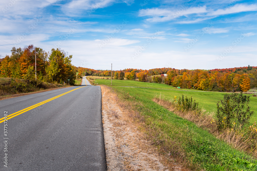 Straight stretch of a country road in a rolling rural landscape In Vermont on a sunny autumn day. Autumn colours.
