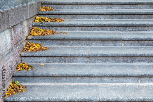 Slika na platnu Gray marble or granite stone urban stairway with yellow fallen foliage in corner of every stair