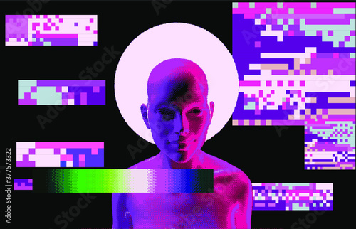 Artificial human with halo in fluorescent ultraviolet light. Pixel art illustration.