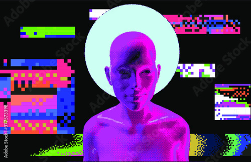 Artificial human with halo in fluorescent ultraviolet light. Pixel art illustration.