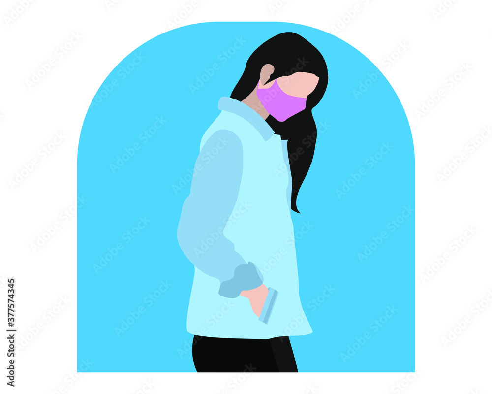 young girl wearing pink face mask, Close up shot female face wearing Covid-19 protective mask, Virus protection equipment, Healthcare concept woman flat design illustration background Corona virus young girl wearing pink face mask, Close up shot female face wearing Covid-19 protective mask, Virus protection equipment, Healthcare concept woman flat design illustration background Corona virus