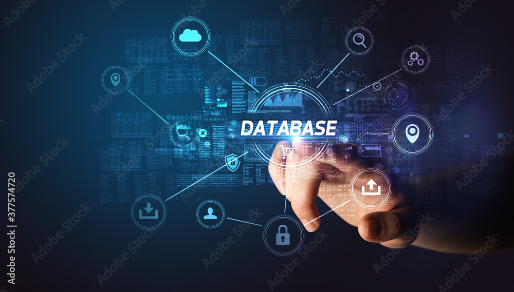 Hand touching DATABASE inscription, Cybersecurity concept Hand touching DATABASE inscription, Cybersecurity concept