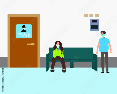 corona virus man and woman wearing face mask in waiting room, covid-19 isolated health care protection outbreak artwork vector illustration design background