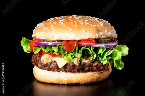 Delicious cheeseburger with beef cutlet, lettuce, tomato slices, red onion and sesame seed bun.