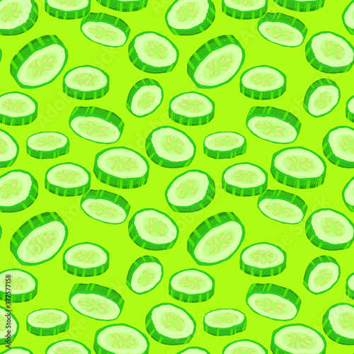 Vector green sliced cucumbers seamless pattern green background. Perfect for textile design, fashion prints, paper backgrounds.