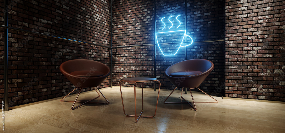 Retro Cafe Neon Sign On Brick Walls Industrial Cozy Wood Floor Chairs And Table Street Modern Blue Orange Lights Coffee 3D Rendering