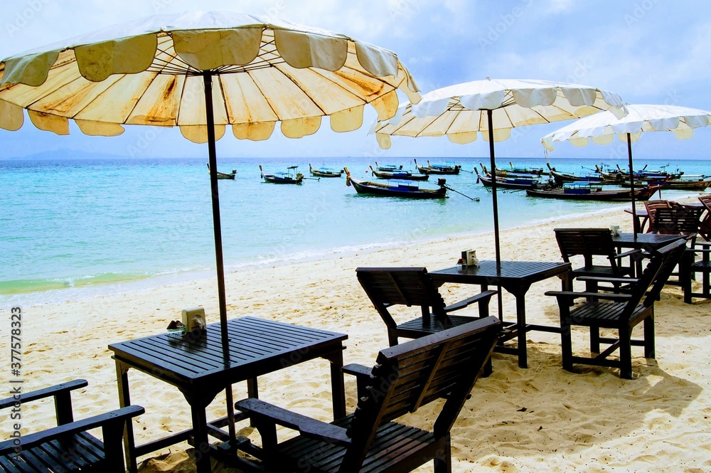 Dining on the white sands of Phi Phi Island beach, Krabi, Thailand