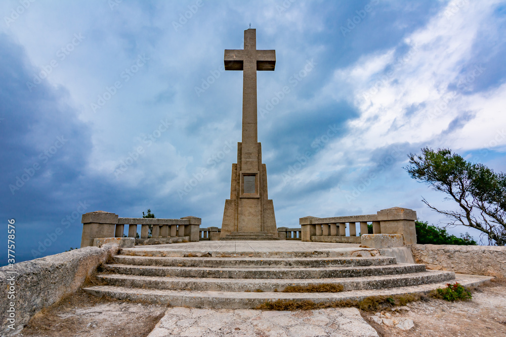 Cross on top of Sant Salvador mountain, Mallorca island, Spain