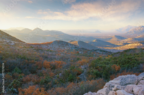 Beautiful autumn mountain landscape. Hills and valleys at sunset. Bosnia and Herzegovina, Republika Srpska