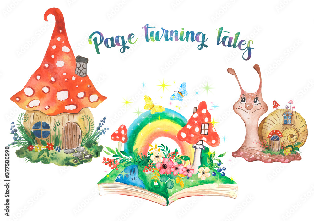Naklejka premium Watercolor illustration of fairytale mushroom house, fairytale books and snails, fairytale cartoon characters