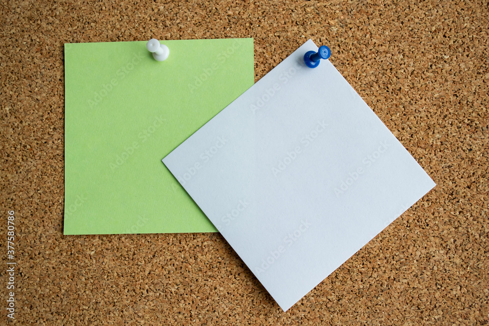 Two paper notes green and white color on a cork Board, attached with a white pushpin. Copy space Two paper notes green and white color on a cork Board, attached with a white pushpin. Copy space