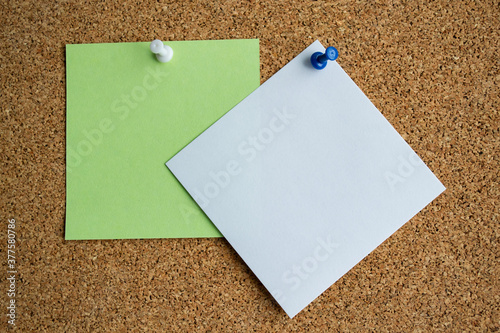 Two paper notes green and white color on a cork Board, attached with a white pushpin. Copy space